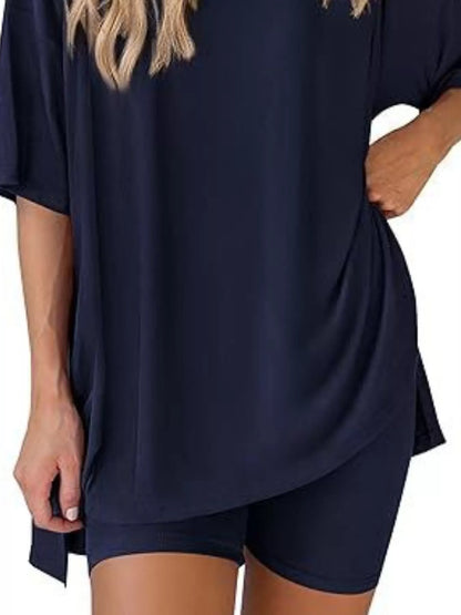 Sarah Express Women's Relaxed Fit Round Neck Top and Shorts Two-Piece Set - Plus Size Loungewear