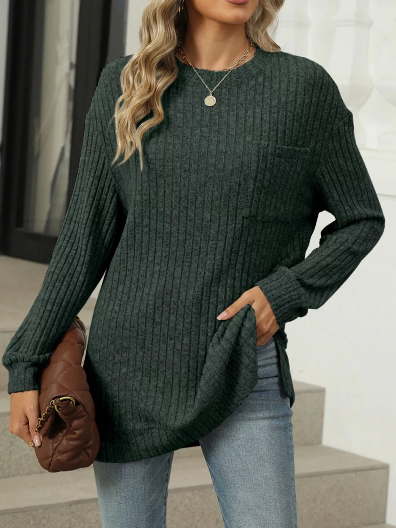 Sarah Express Women's Ribbed Knit Round Neck Sweater - Oversized Pullover Army Green