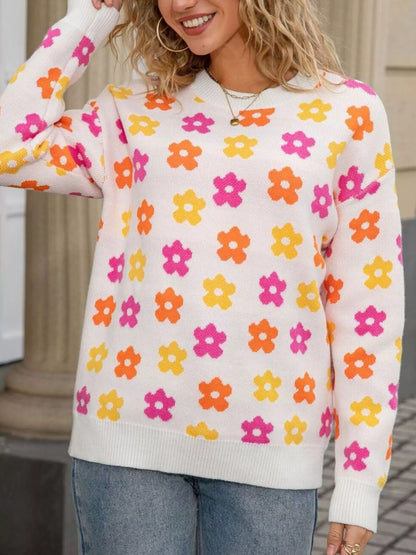 Sarah Express Women's Floral Crew Neck Sweater - Acrylic Knit Pullover White