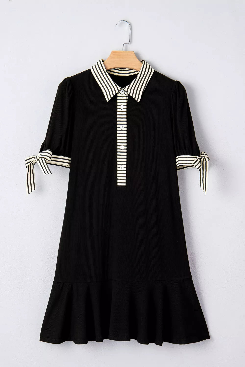 Sarah Express Women's Stripe Detail Polo Collar Half Buttons Tied Short Sleeve Shift Mini Dress