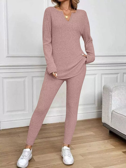 Sarah Express Women's Ribbed Knit Long Sleeve Top and Pants Lounge Set