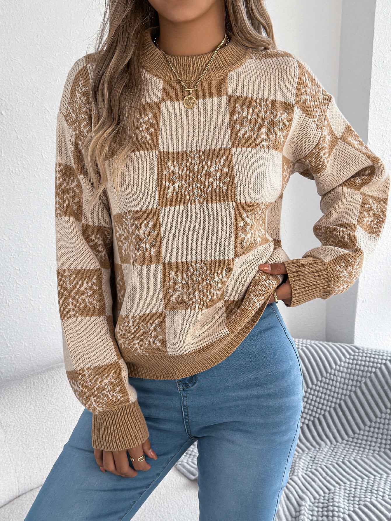 Sarah Express Women's Snowflake Plaid Lantern Sleeve Pullover Sweater - Jacquard Knit