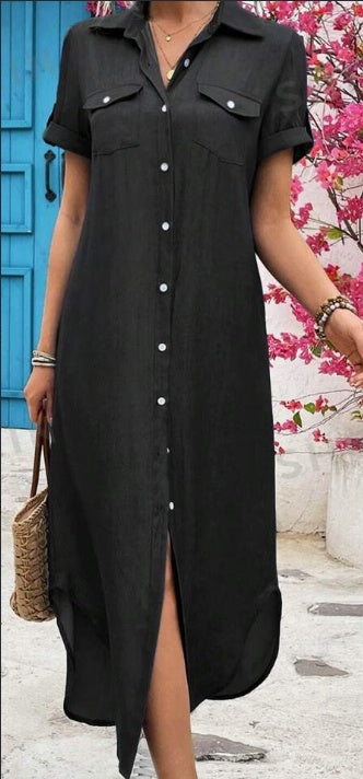 Sarah Express Women's Denim Look Longline Shirt Dress Button Front Short Sleeve Summer
