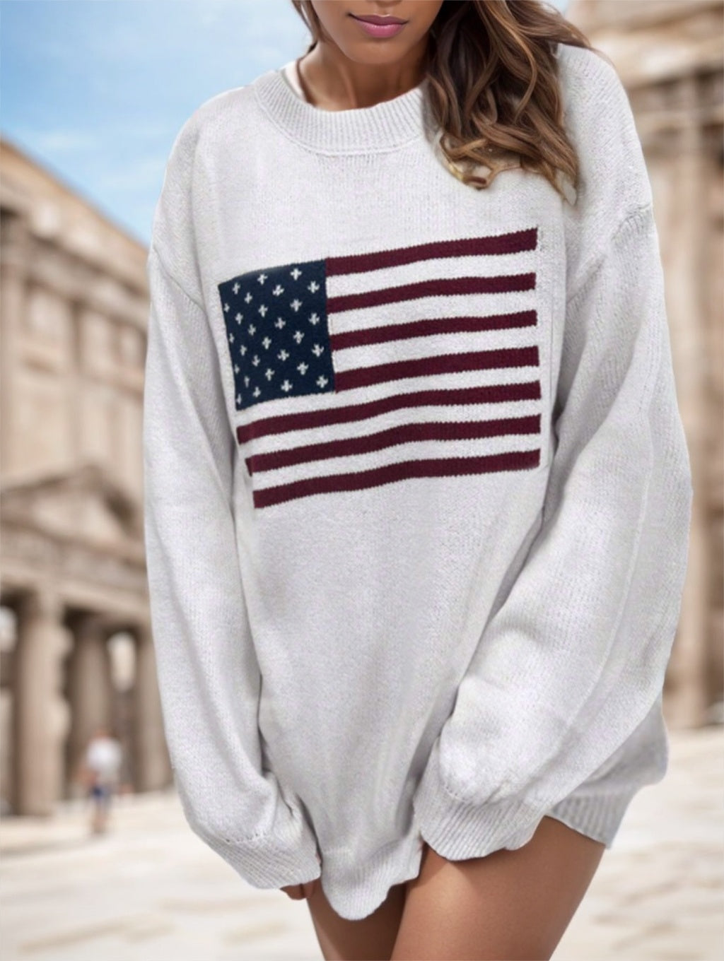 Sarah Express USA Flag Drop Shoulder Long Sleeve Sweater Women