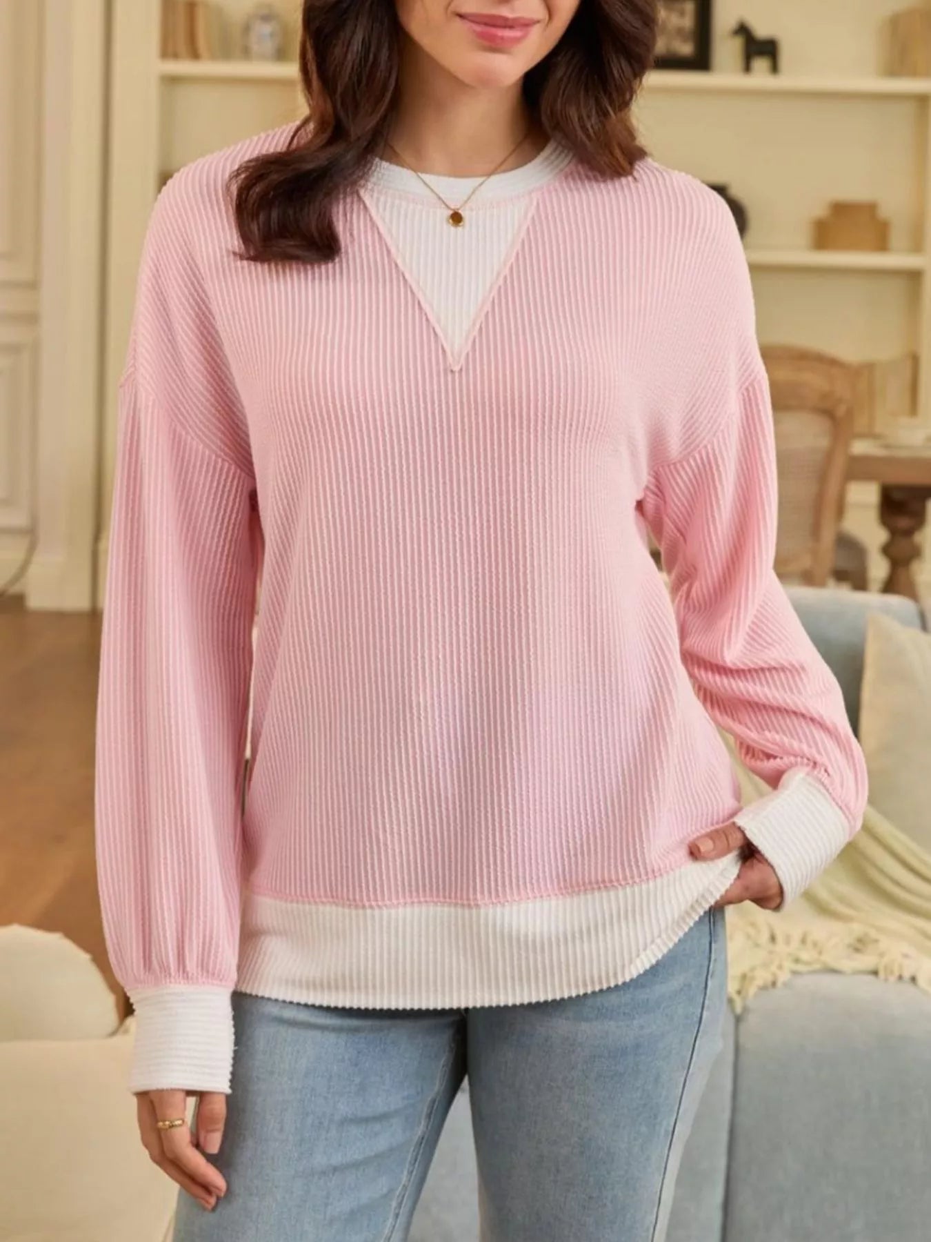 Sarah Express Women's Two-Tone Ribbed Knit Sweatshirt