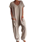 Sarah Express Women's V-Neck Oversized Jumpsuit Quarter Sleeve Pockets Casual Street Style Spring Summer