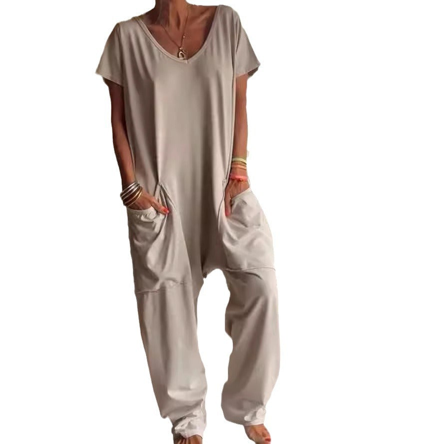 Sarah Express Women's V-Neck Oversized Jumpsuit Quarter Sleeve Pockets Casual Street Style Spring Summer