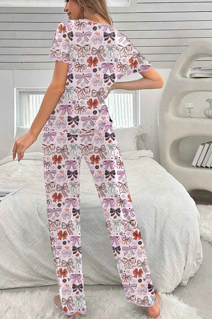 Sarah Express Women's Bow Print Short Sleeve Pajama Set - Button Front Shirt & Pants Sleepwear