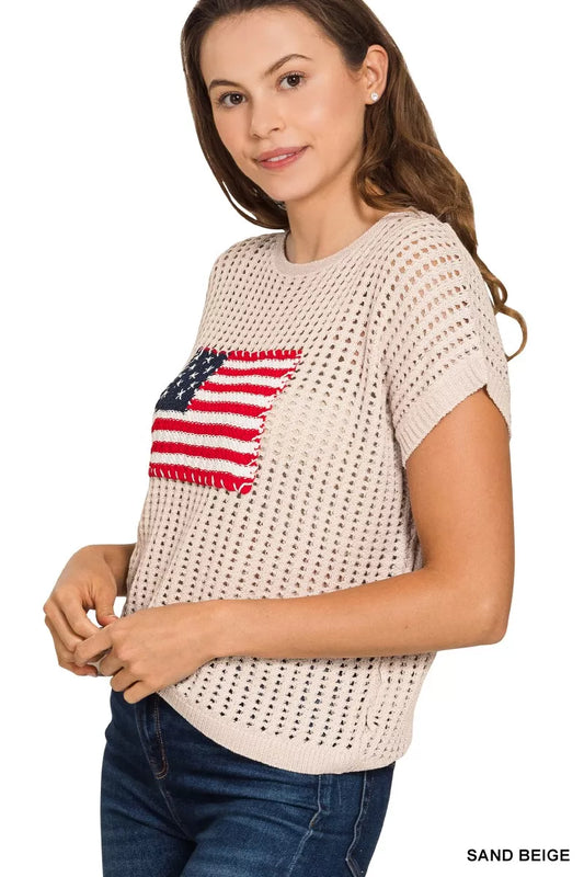 Sarah Express Women's American Flag Openwork Knit Top - Patriotic Viscose Sweater