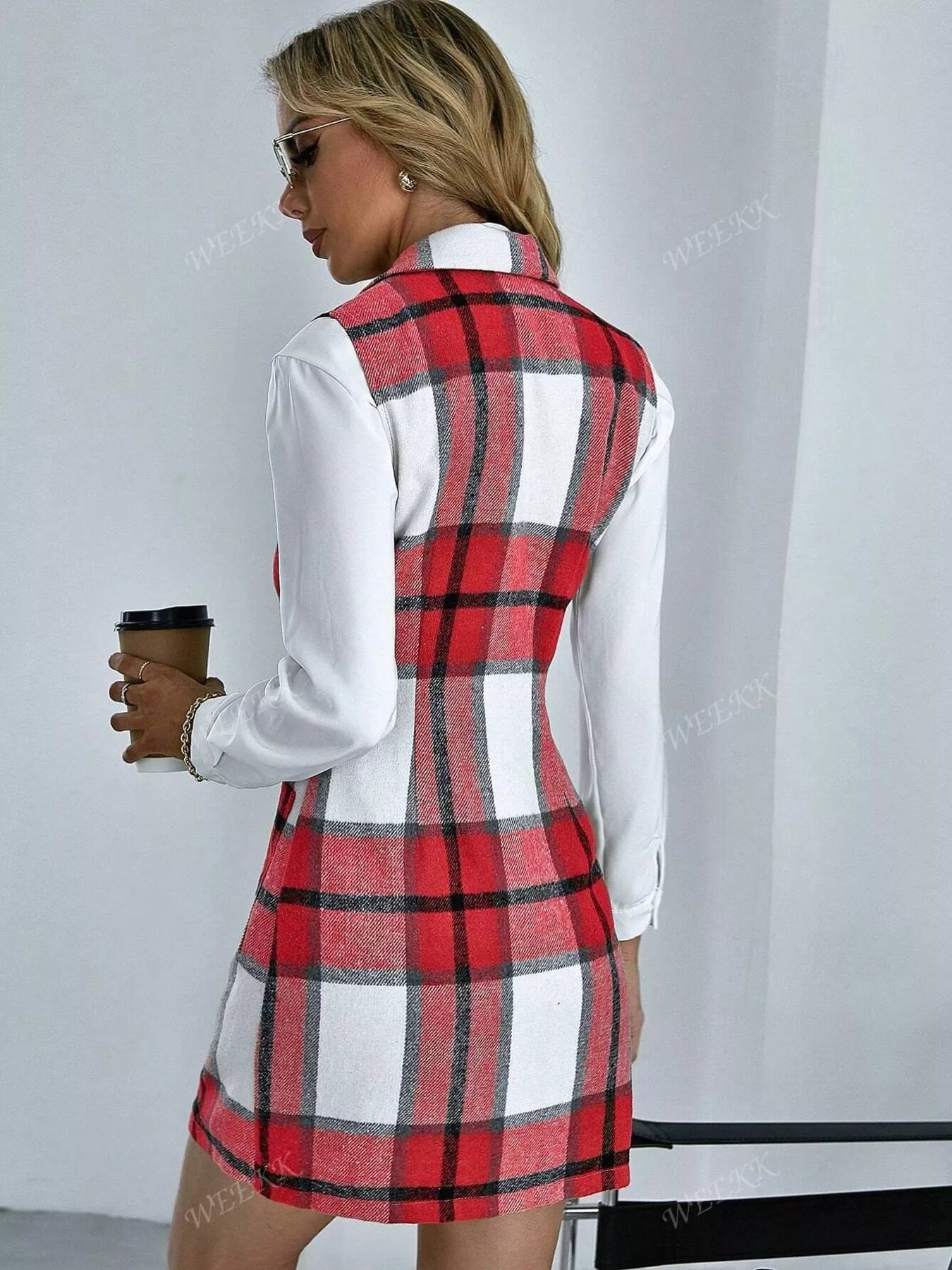 Sarah Express Women's Plaid Double-Breasted Sleeveless Blazer Dress