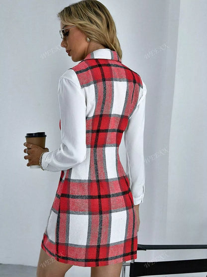 Sarah Express Women's Plaid Double-Breasted Sleeveless Blazer Dress