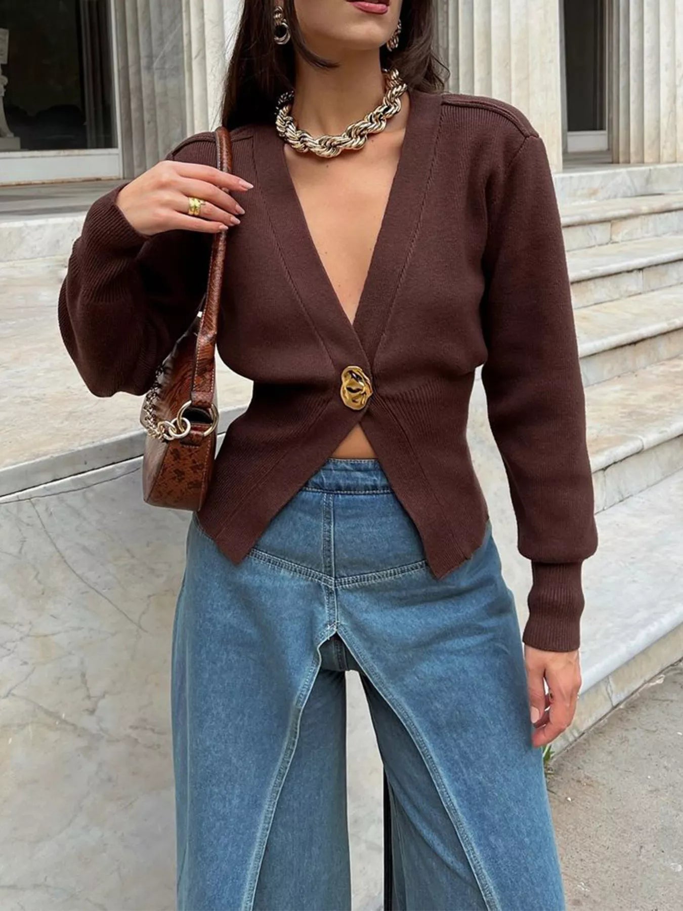 Sarah Express Women's Single-Button Knit Cardigan Brown