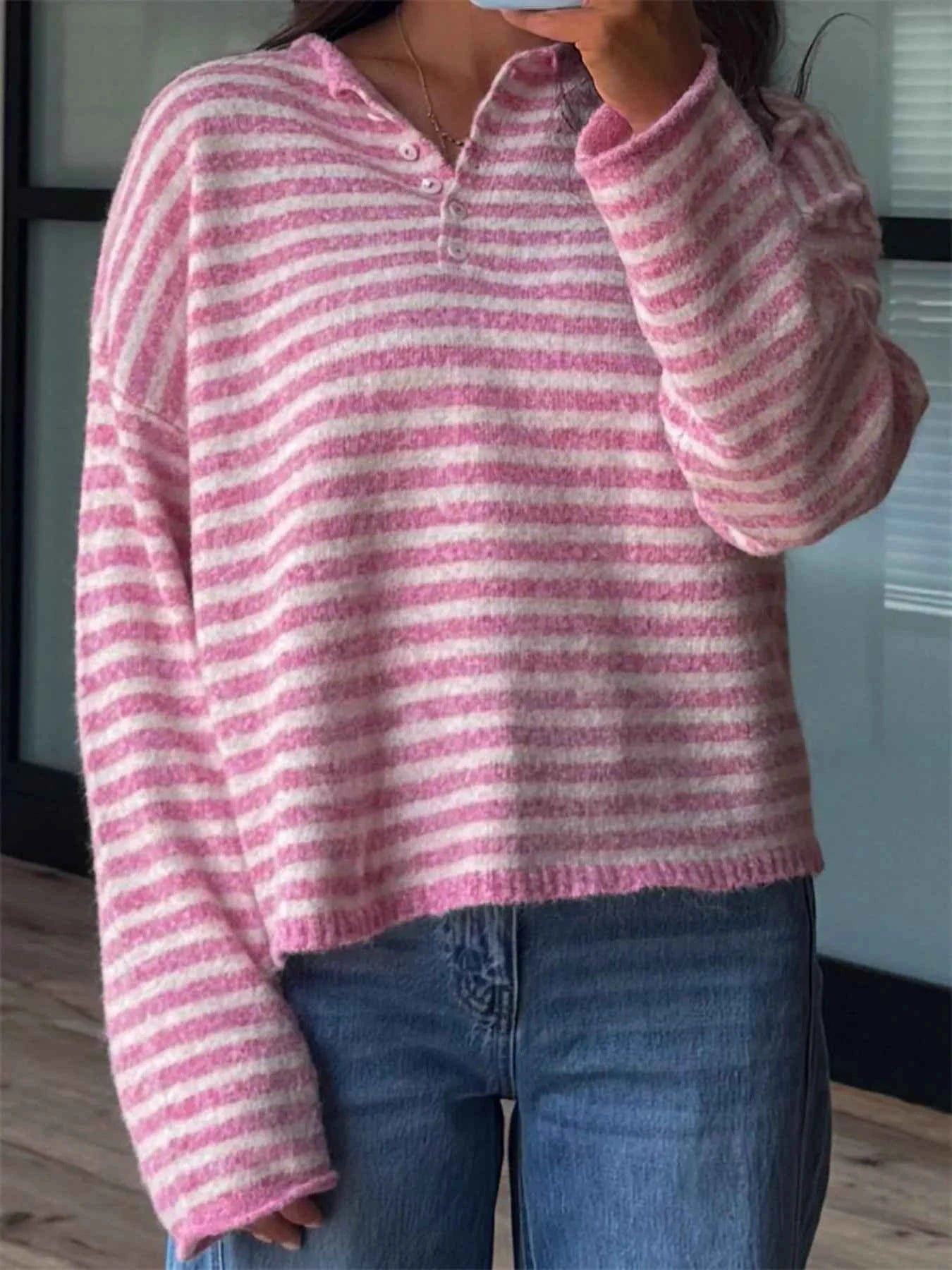 Sarah Express Women's Striped Button Detail Sweater - Dropped Shoulder Knit Top