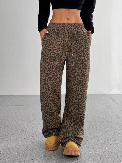 Sarah Express Women's Leopard Drawstring Wide Leg Pants