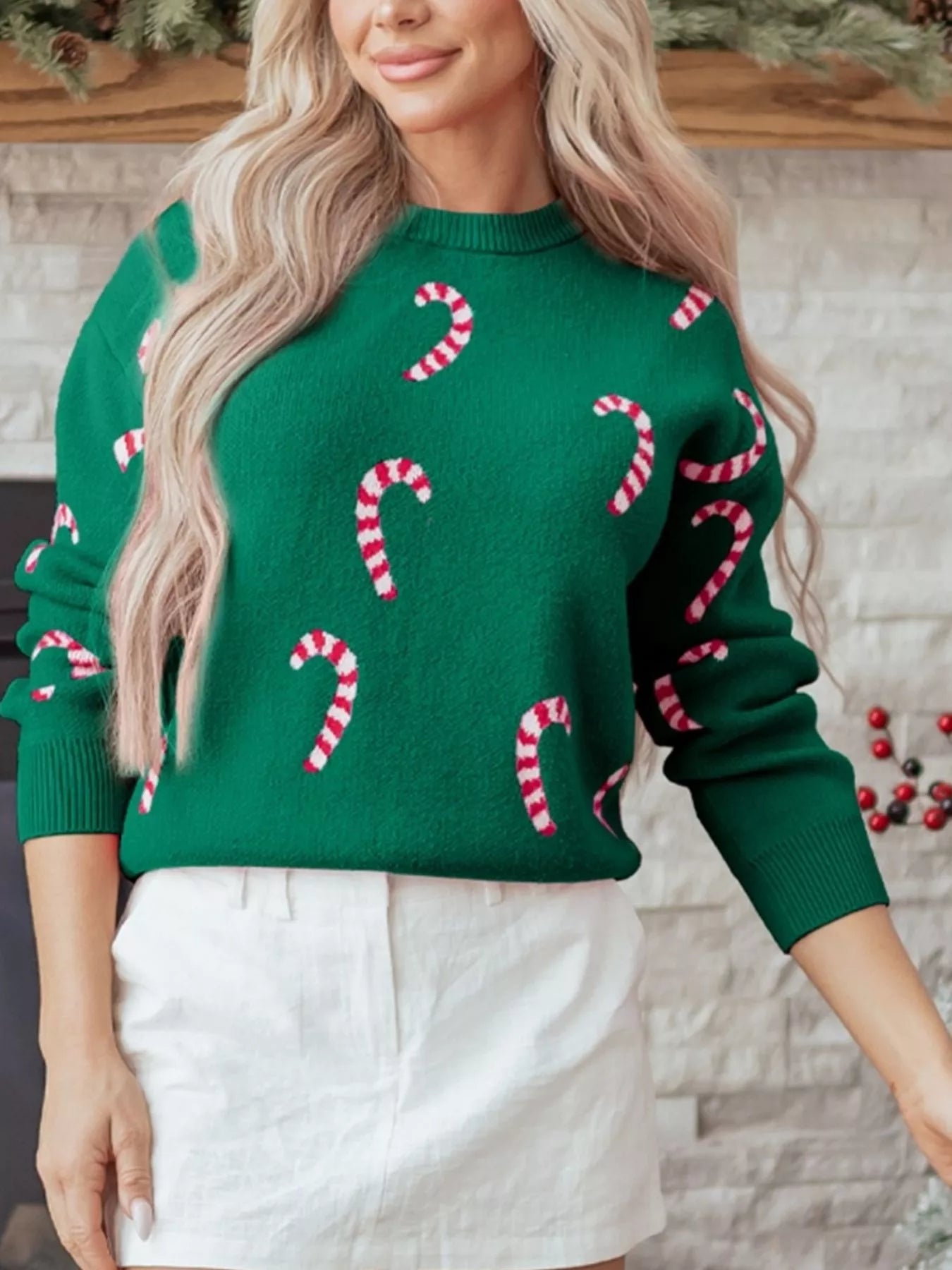 Sarah Express Women's Christmas Candy Cane Holiday Drop Shoulder Sweater