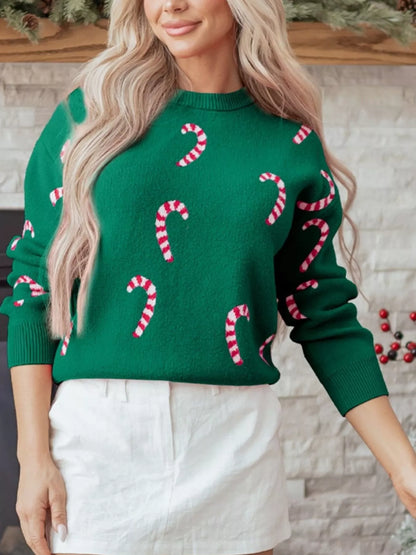 Sarah Express Women's Christmas Candy Cane Holiday Drop Shoulder Sweater