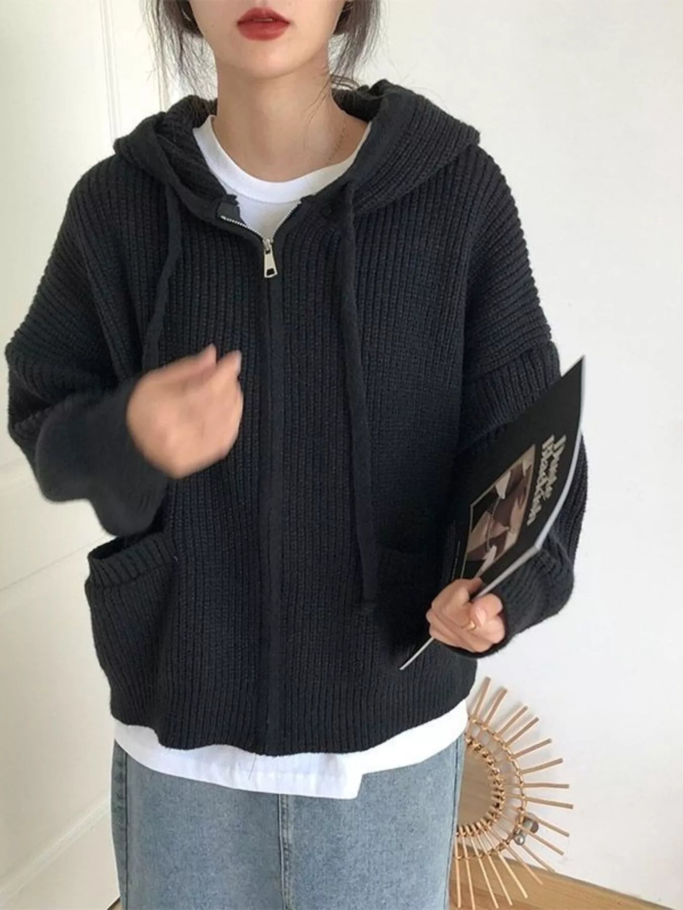 Sarah Express Women's Casual Knitted Zip-Up Hooded Cardigan