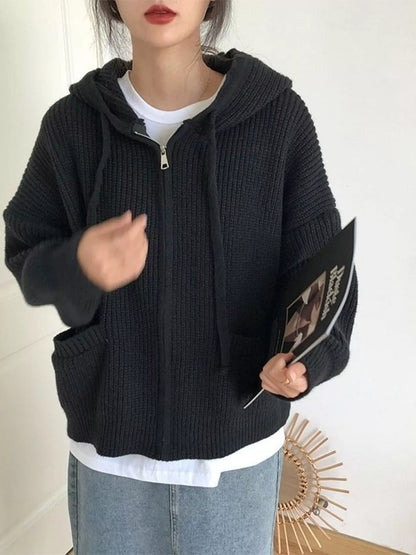 Sarah Express Women's Casual Knitted Zip-Up Hooded Cardigan