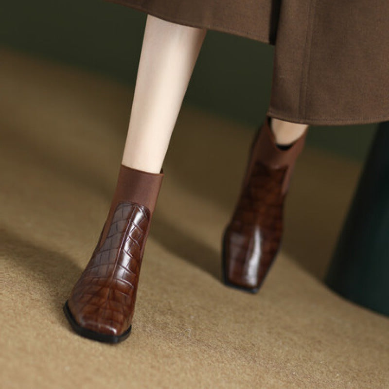 Sarah Express Women's Chunky Heel Square Toe Cowhide Leather Pumps | Minimalist Luxury Heels Brown Single