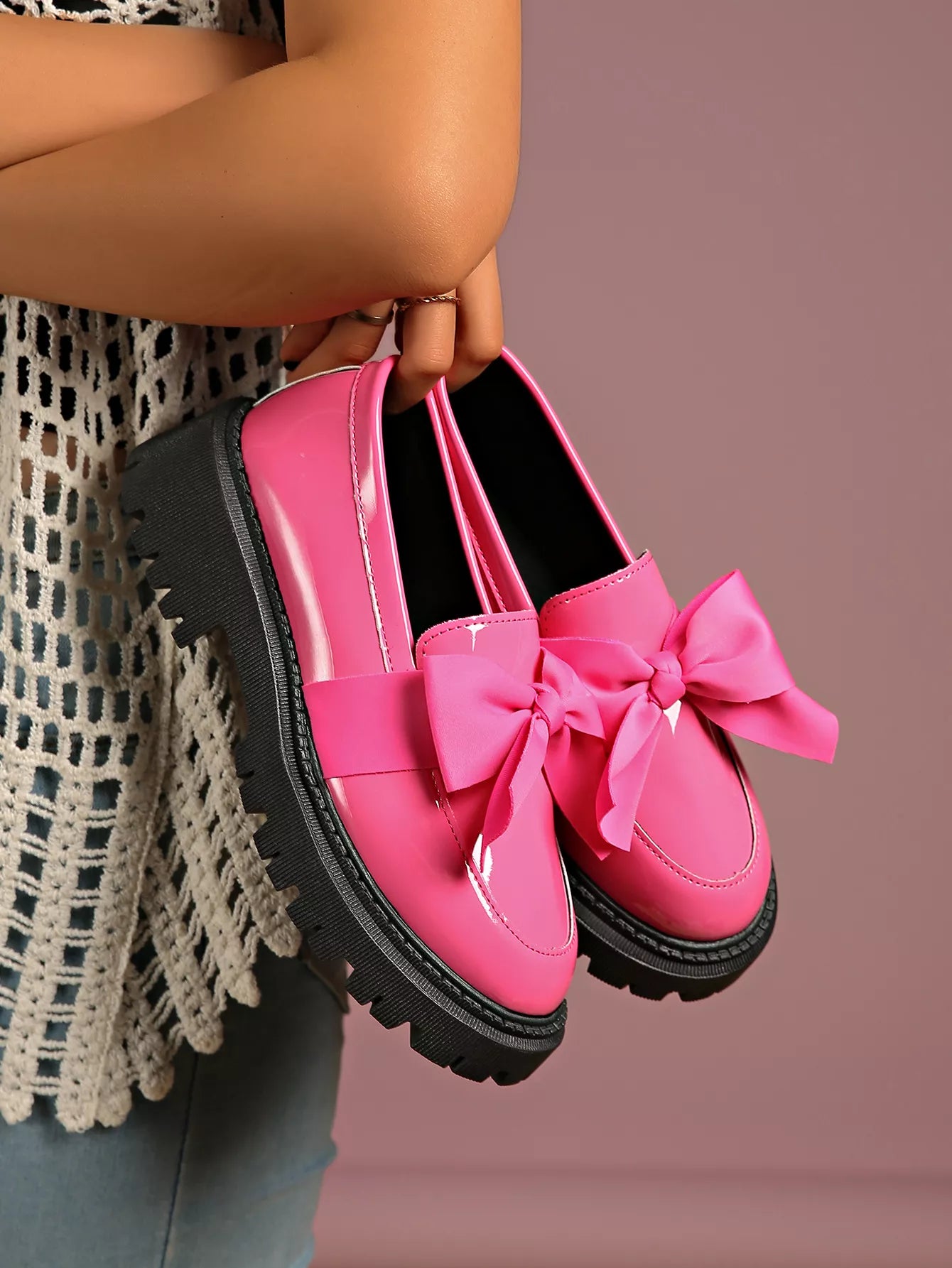 Sarah Express Women's Bow Decor Round Toe Loafers Rose Red