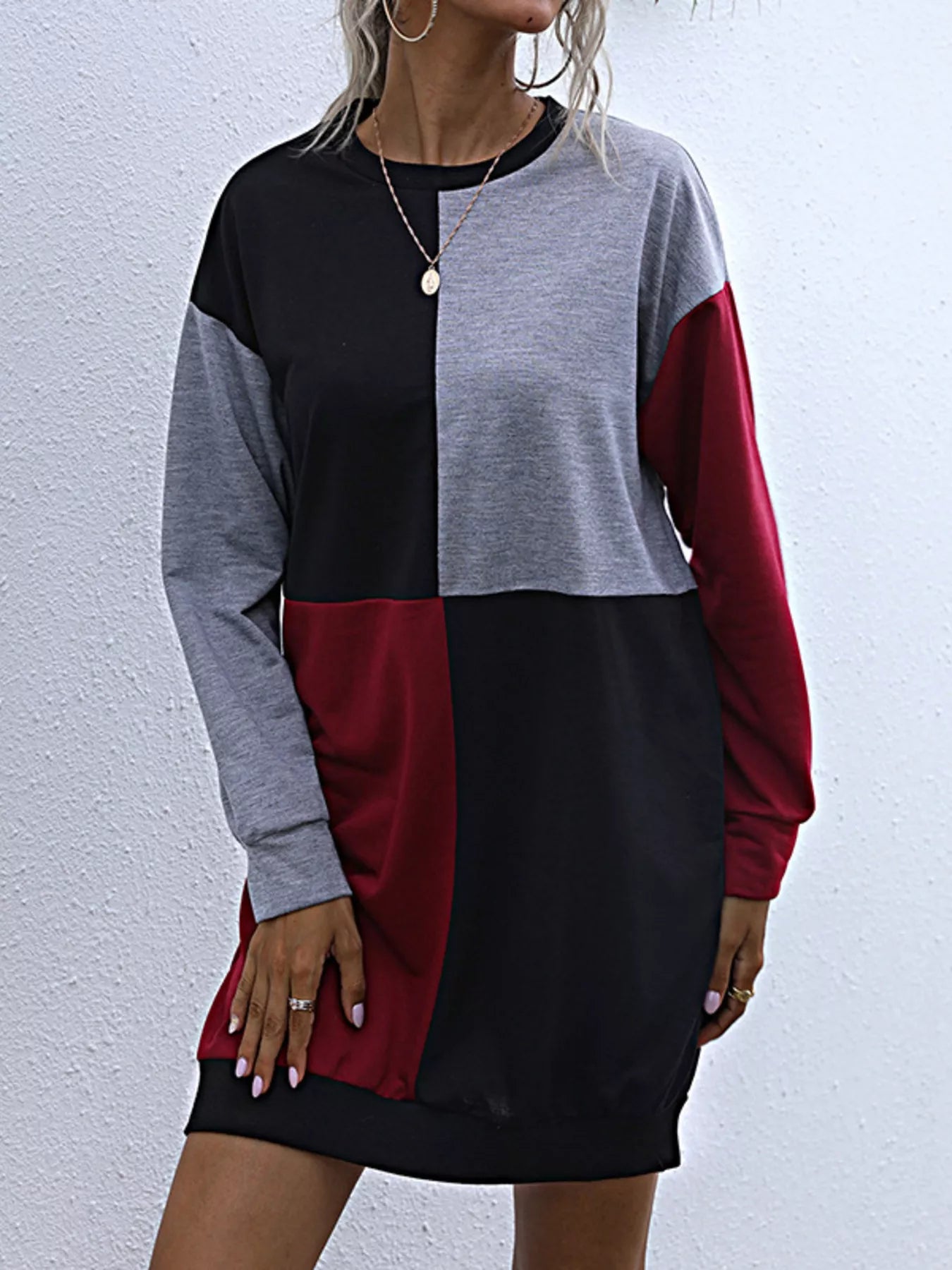 Sarah Express Women's Color Block Casual Long Sleeve Mini Dress Gray Red