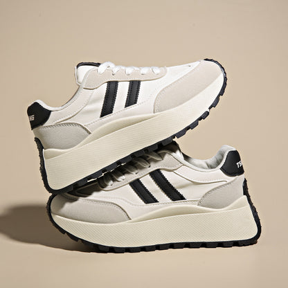 Sarah Express Women's Height-Boosting Lace-Up Sneakers – Synthetic PU Upper, Mesh Lining, Round Toe White And Black