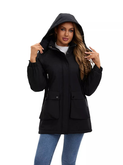 Sarah Express Women's Full Size Zip Up Hooded Parka Outerwear