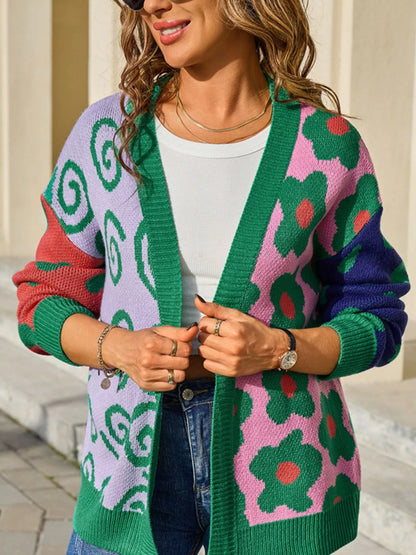 Sarah Express Women's Colorful Ribbed Open Front Cardigan - Multicolor Striped Knit Sweater