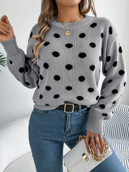 Sarah Express Women's Casual Color Block Polka Dot Pullover Sweater - Long Sleeve Knit Top