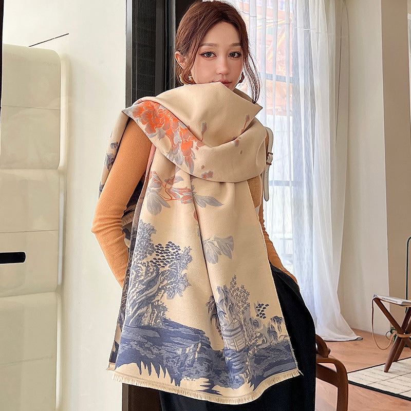 Sarah Express Vintage Plum Scarf Women's Imitation Cashmere Thickened Winter Shawl Wrap