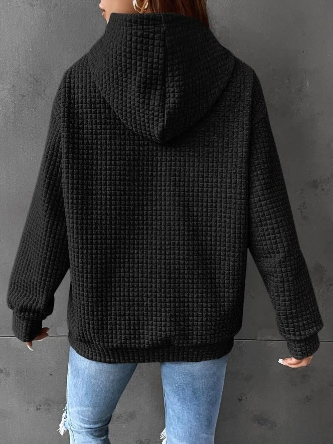 Sarah Express Women's Solid Color Hoodie Long Sleeve Plaid Pocket Pullover Sweatshirt Casual
