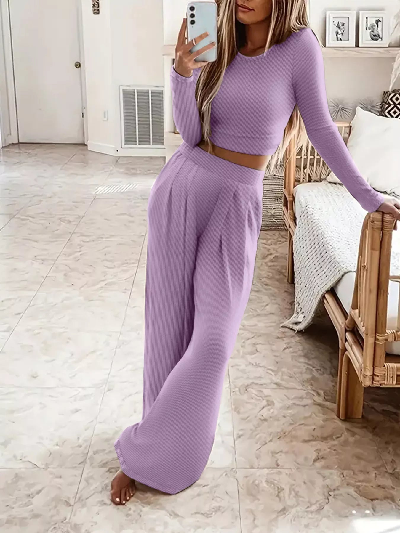 Sarah Express Women's Casual Long Sleeve Crop Top and Wide Leg Pants Set Lavender
