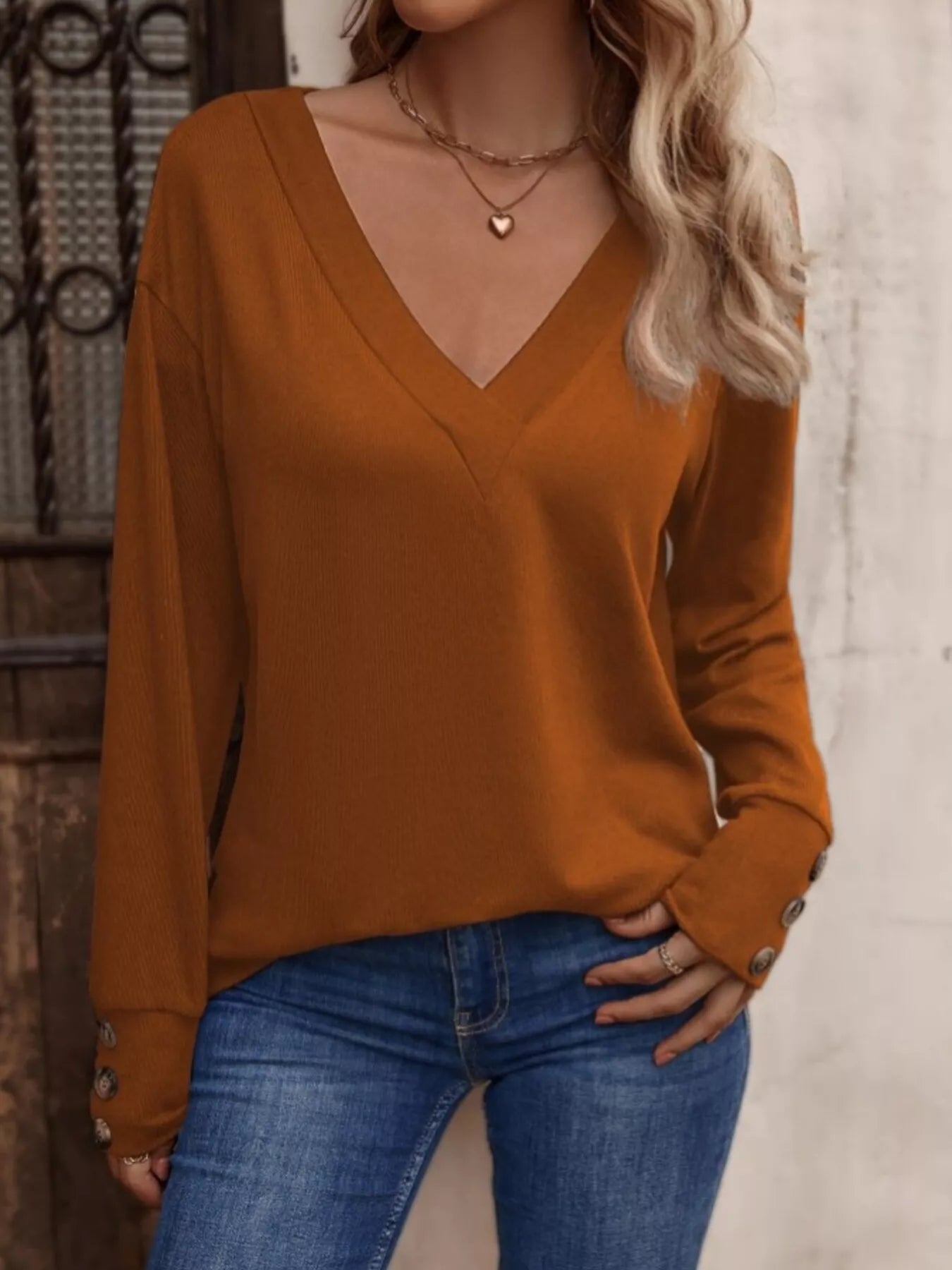 Sarah Express Women's V-Neck Long Sleeve T-Shirt - Button Detail Casual Top Orange