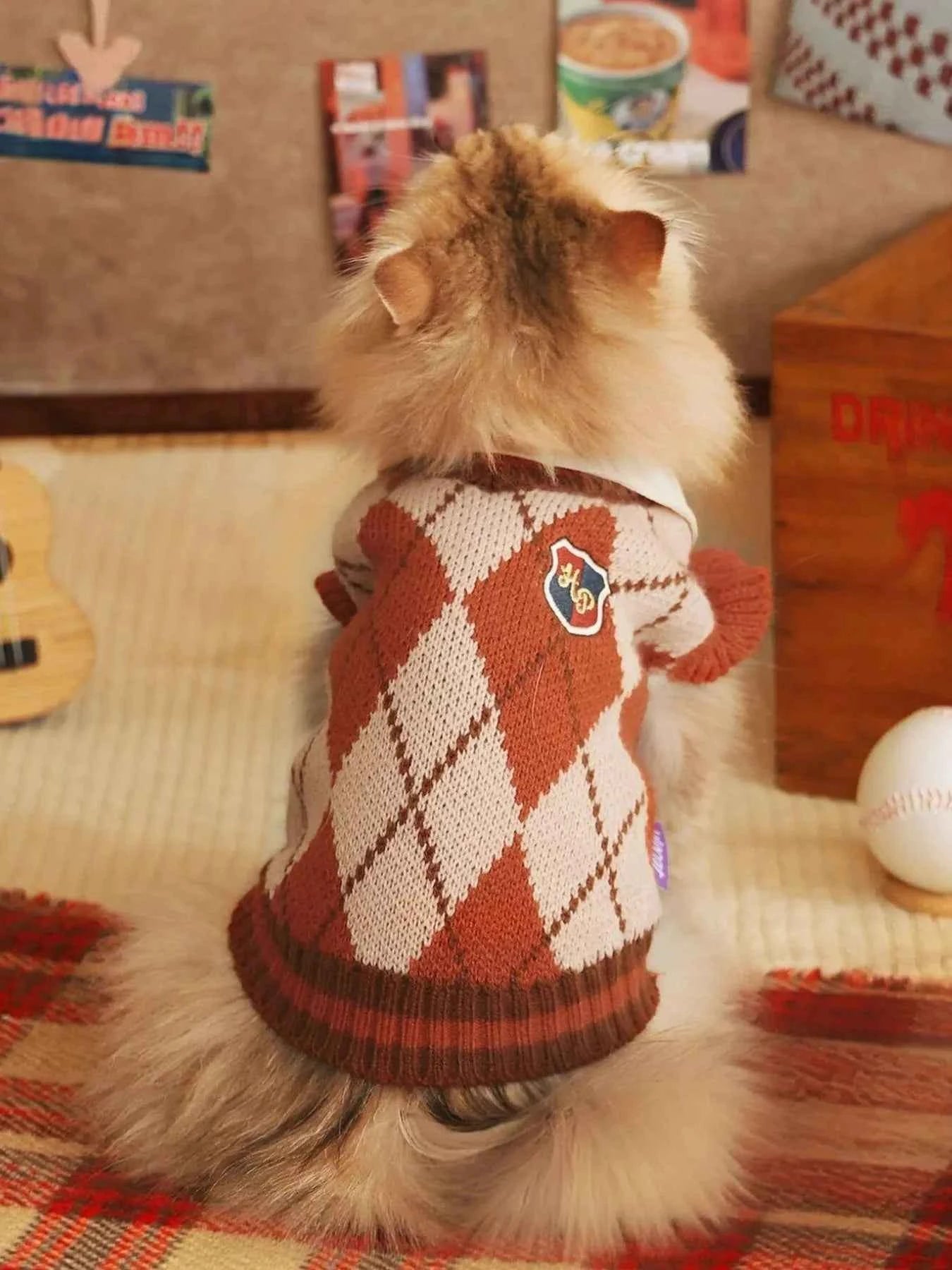 Sarah Express Pet Argyle Pattern Sweater Dog Cat Ruffled Knit Pullover