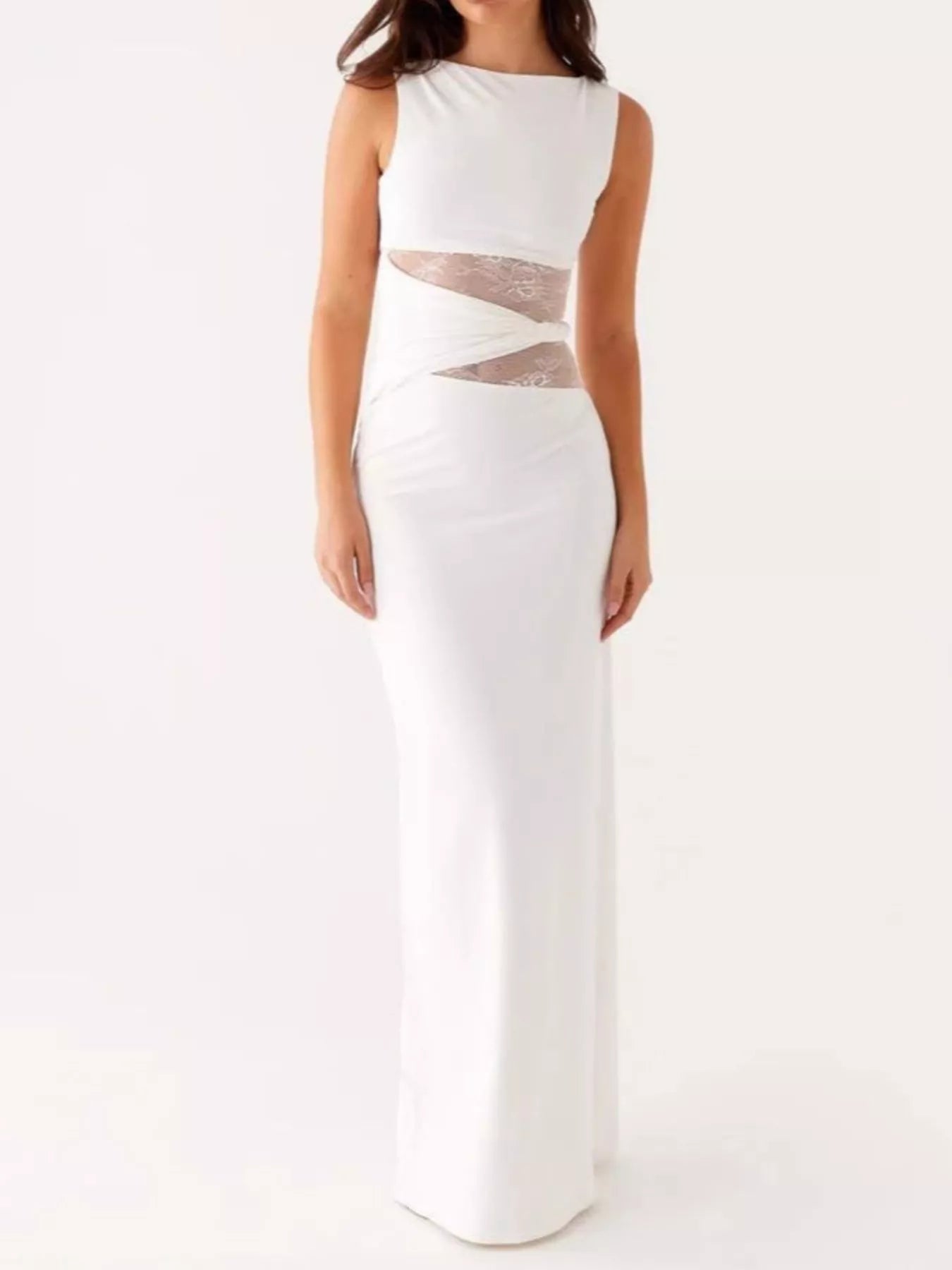 Sarah Express Women's Lace Cutout Sleeveless Maxi Dress Gray white