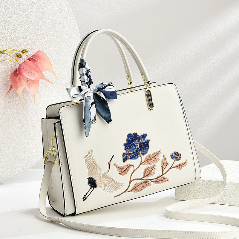 Sarah Express Chinese Embroidered Crane Crossbody Tote Bag for Women - Fashion Handbag with Multiple Compartments White