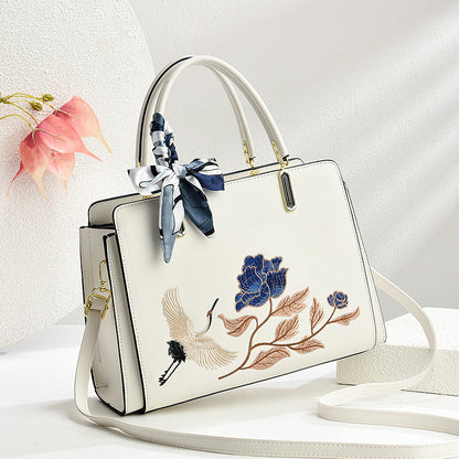 Sarah Express Chinese Embroidered Crane Crossbody Tote Bag for Women - Fashion Handbag with Multiple Compartments White