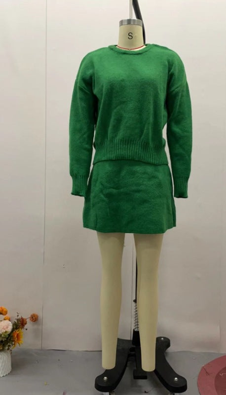 Sarah Express Women's Sweater Skirt Set - 2 Piece Knit Outfit Long Sleeve Pullover High Waist Mini Skirt Green