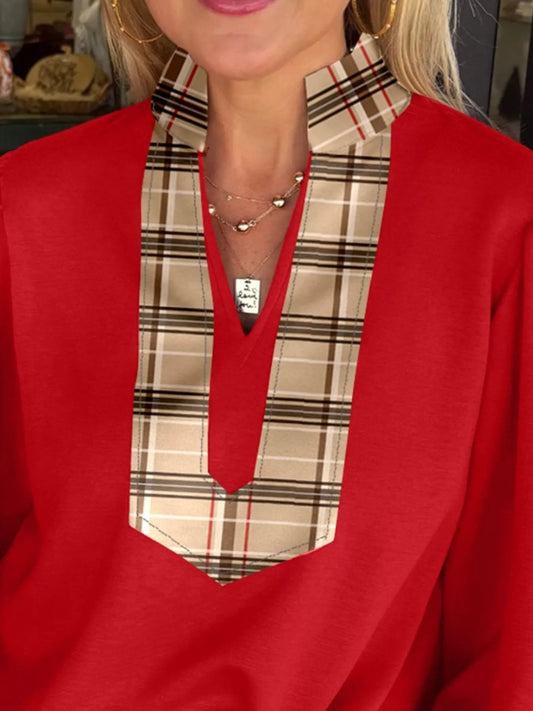 Sarah Express Women's Contrast Plaid Patchwork V Neck Long Sleeve Blouse