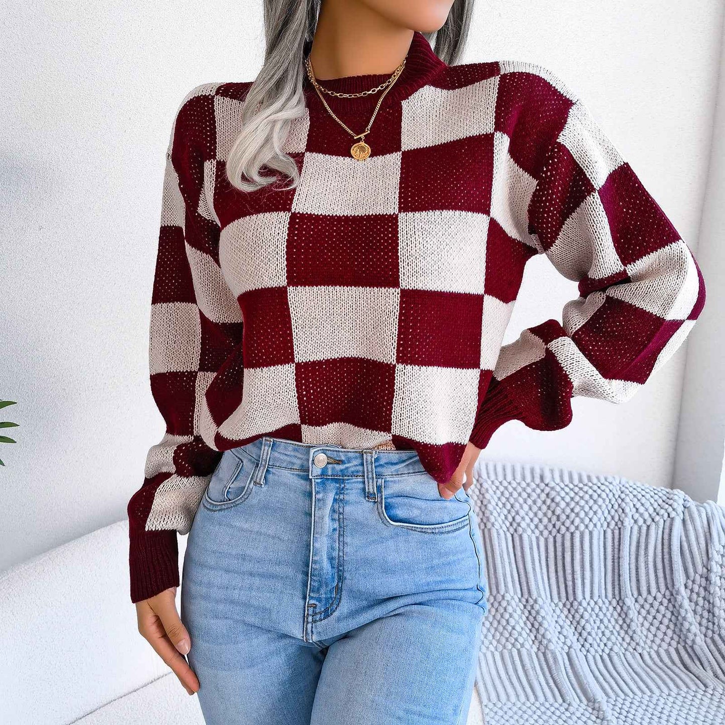 Sarah Express Women's Color Block Plaid Knit Sweater - Oversized Pullover with Lantern Sleeves Burgundy