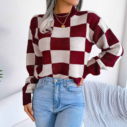 Sarah Express Women's Color Block Plaid Knit Sweater - Oversized Pullover with Lantern Sleeves Burgundy