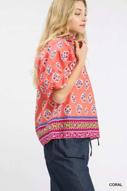 Sarah Express Women's Boho Border Print Peasant Top