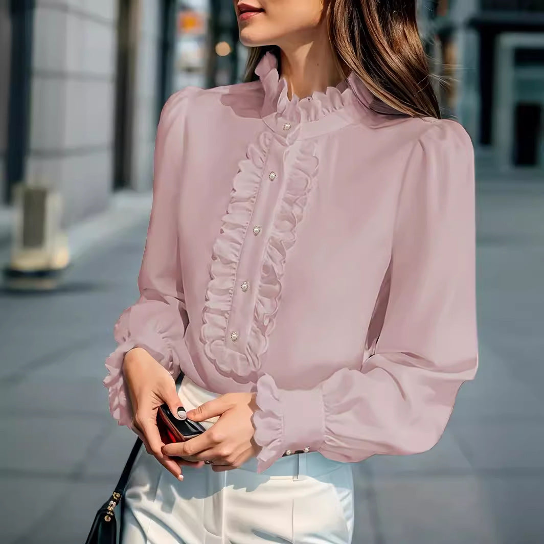 Sarah Express Women's Ruffled Cardigan Shirt Long Sleeve Button Front