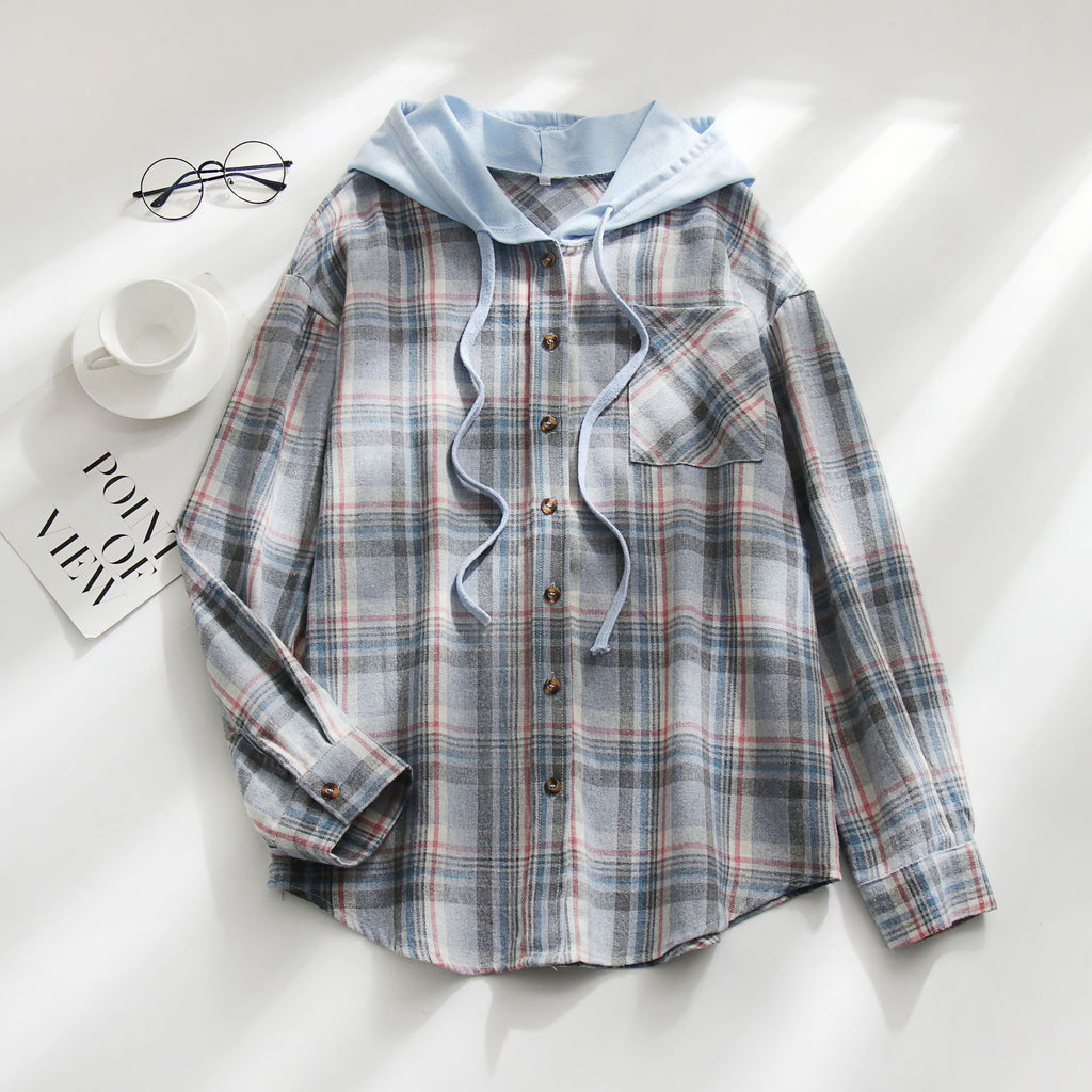 Sarah Express Women's Plaid Hooded Shirt Jacket Casual Loose Fit Pullover Top
