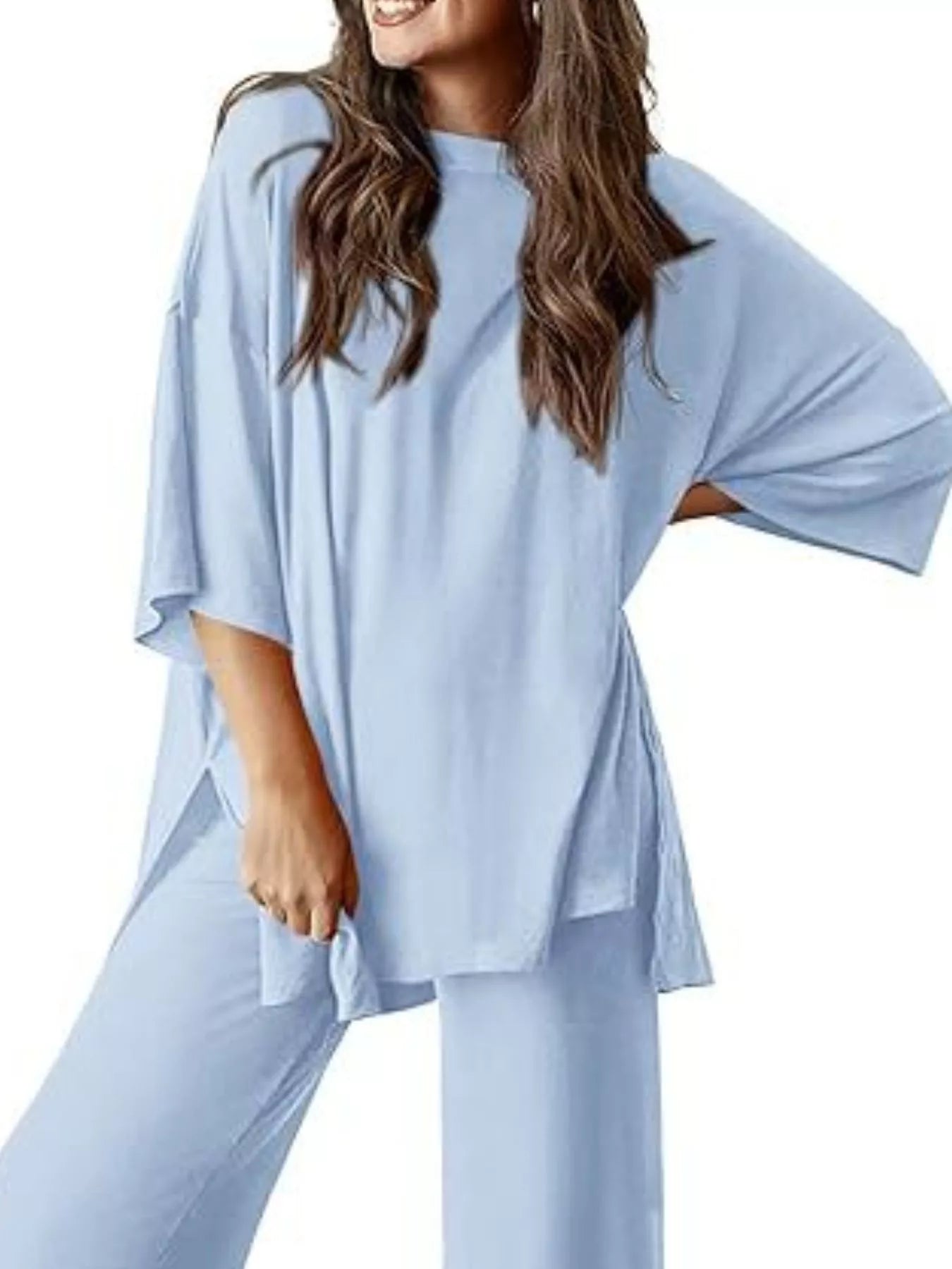 Sarah Express Relaxed Fit Round Neck Top and Pants Two-Piece Lounge Set