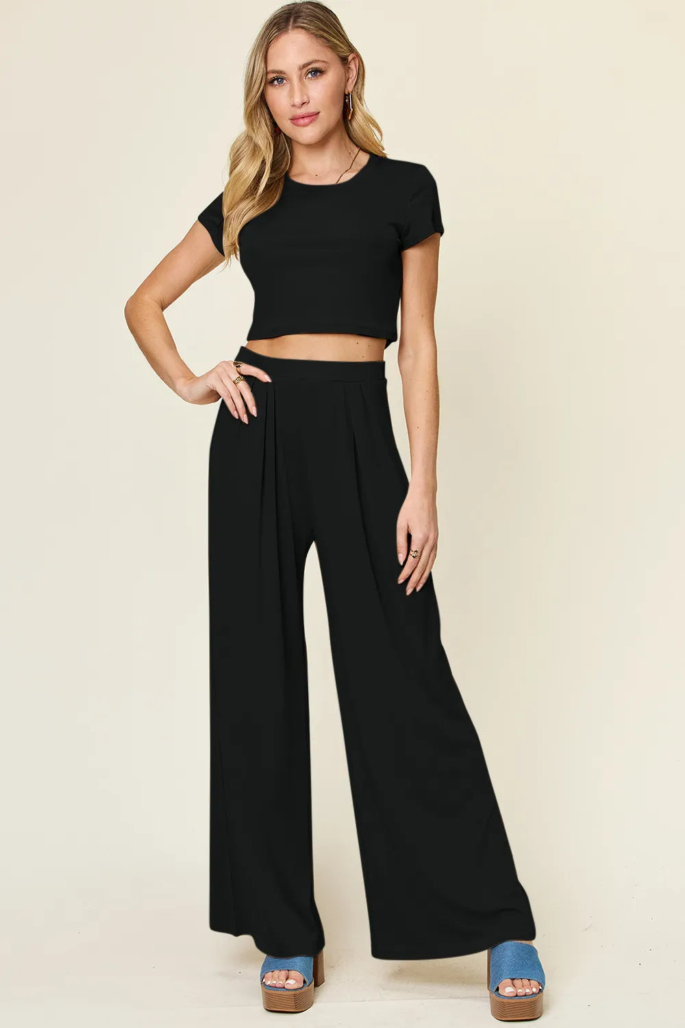 Sarah Express Women's Round Neck Top and Pants Lounge Set - Two Piece Outfit Black
