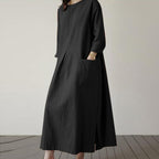 Sarah Express Women's Autumn Solid Color Elegant Cotton Dress Long Sleeve Wide Waist Basic Maxi Dress