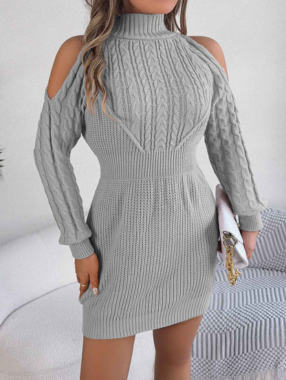 Sarah Express Women's Off-Shoulder Cable Knit Sweater Dress - Bodycon Turtleneck Lantern Sleeve Dress Gray