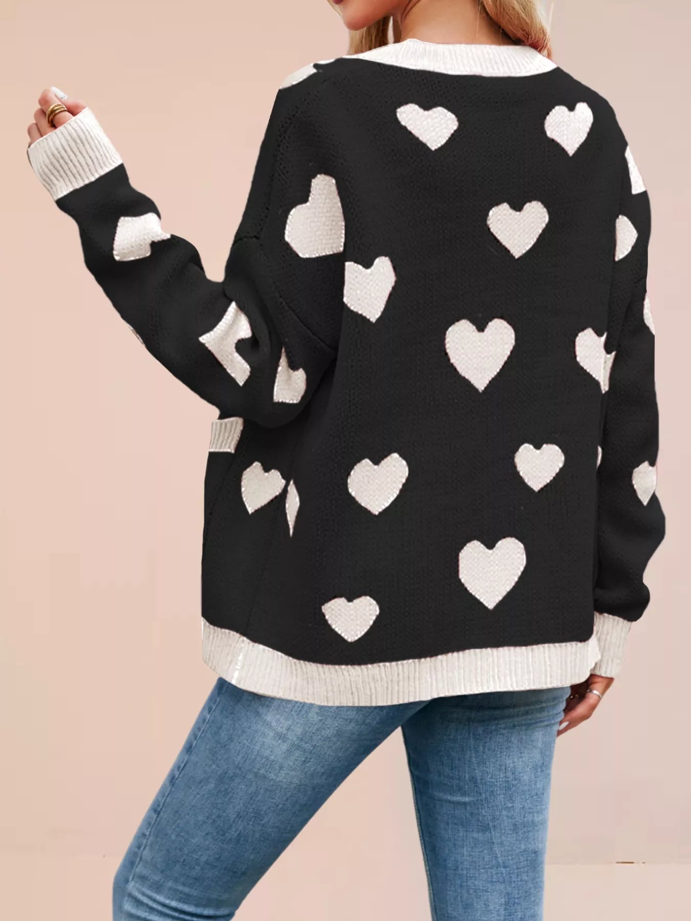 Sarah Express Women's Heart Pattern Button-Up Knit Cardigan
