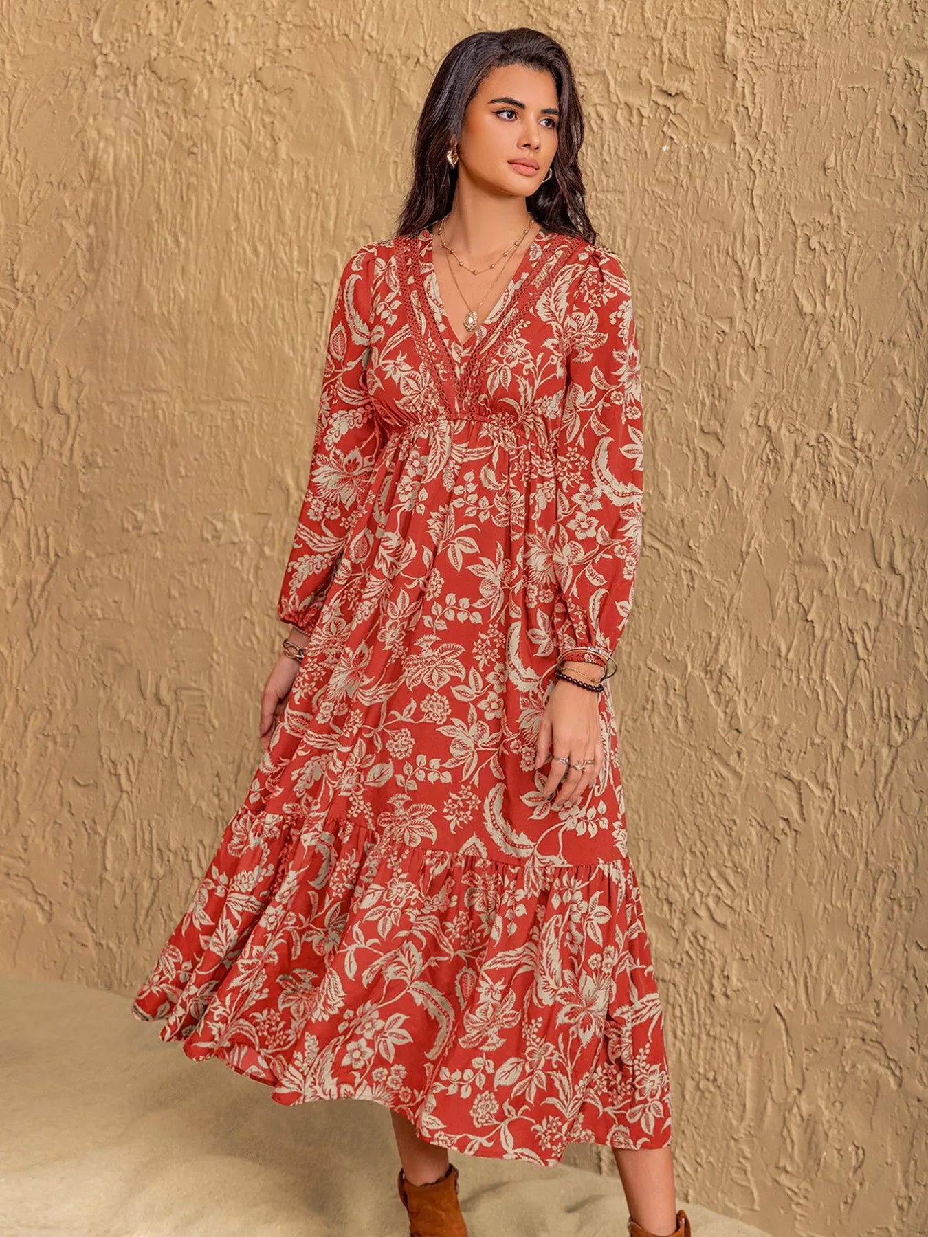 Sarah Express Women's Boho Floral Print Long Sleeve Midi Dress